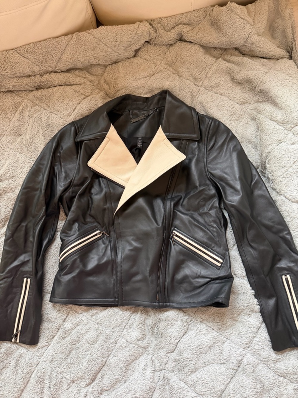 White House Black Market Black Leather Jacket with Cream Accents